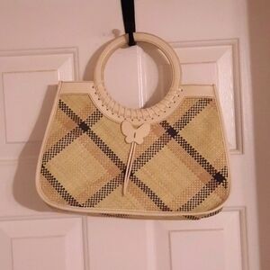 Etienne Agner weave purse black tan,  cream butterfly accent spring summer bag